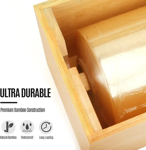 Vista 6 de Libreshine Dispensador de plástico de 18 pulgadas con cortador y rodillo, soporte de película comercial de bambú resistente para película adhesiva