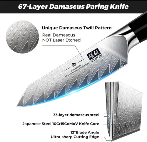 Vista 2 de SHAN ZU Cuchillo de pelar Damasco Cuchillo de fruta de 4 pulgadas Cuchillos de cocina profesional, Cuchillos de tallado de frutas de Damasco japonés