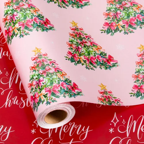 Vista 18 de Homeral Rollo de papel de regalo de Navidad de dinosaurio para niños, dinosaurio negro fresco con decoraciones y letras rojas, envoltura de regalo
