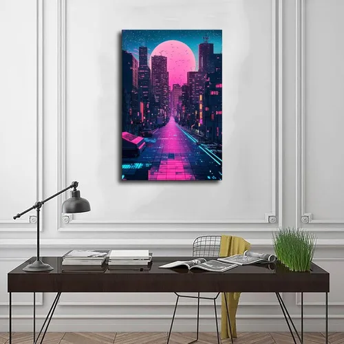 Vista 3 de Póster estético de onda de vapor de neón, arte de pared futurista retro de los años 80 para dormitorio, pintura decorativa, lienzo, arte de pared