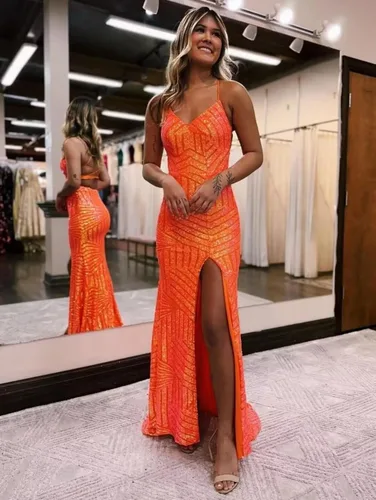 Vista 3 de Vestidos de fiesta de lentejuelas de sirena 2024 cuello en V brillante correa de espagueti formal vestido de fiesta de noche con abertura CM251