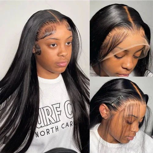 Vista 6 de Mengkai Pelucas de 28 pulgadas de encaje frontal liso de cabello humano, sin pegamento, prearrancadas con cabello de bebé, 13x4 de oreja a oreja