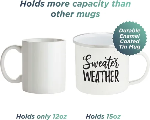 Vista 3 de HOME & HOOPLA Otoño esmalte camping taza de café suéter clima lata taza 15 onzas (blanco)