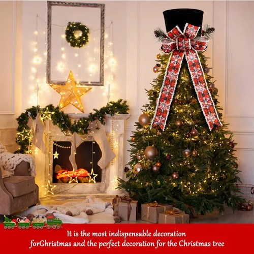 Vista 2 de Sombrero de adorno para árbol de Navidad, sombrero negro con lazo y cinta alargada - Adornos para árbol de Navidad para fiesta de Navidad, ornamento