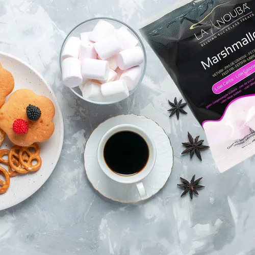 Vista 5 de Malvaviscos sin azúcar de La Nouba – Paquete de 2.7 oz. – Snack bajo en calorías, bajo en carbohidratos, sin grasa y sin gluten – Sabor delicioso
