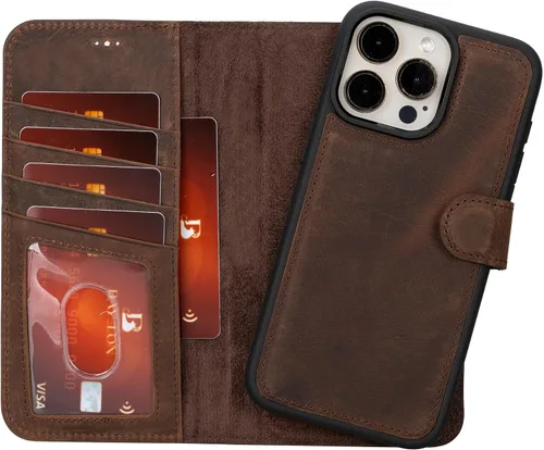 Vista 15 de Bayelon Funda tipo cartera para iPhone 15 Pro, cartera de cuero de grano completo, funda magnética desmontable, tarjetero, funda tipo cartera