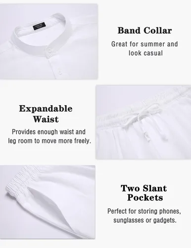 Vista 5 de COOFANDY Conjuntos de lino para hombre, 2 piezas, camisa de manga larga y pantalones cortos casuales con cordón en la cintura, trajes de verano
