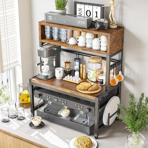 Vista 5 de EnHomee Soporte para microondas, 4 niveles con 9 ganchos para organizador de encimera de cocina, estante de microondas de 205 libras, estantes