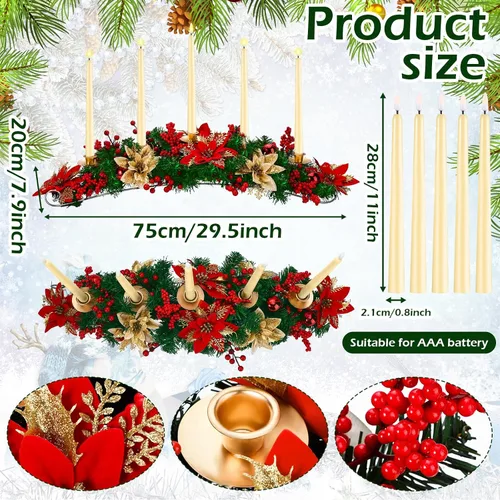 Vista 2 de Sliner Centro de Mesa Navideño de Sobremesa de 30 Pulgadas Portavelas de Flor de Pascua con 5 Velas Largas Artificiales LED sin Llama de Punta