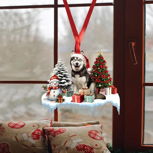 Vista 4 de Talataca Adorno de Navidad Plano 2D de Husky, Cajas de Regalo de Husky, Decoración de Árbol de Pino, Adorno Colgante de Casa para la Víspera