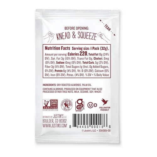 Vista 4 de Justin's Paquetes clásicos de mantequilla de almendras para apretar, solo dos ingredientes, sin gluten, sin OMG, aptos para dieta cetogénica