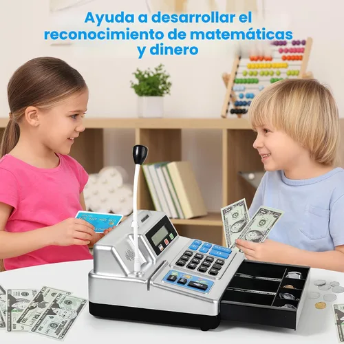 Vista 5 de Calculadora de caja registradora – Caja registradora de juguete de 103 piezas, juego de tienda con micrófono, tarjeta de crédito y banco para niños