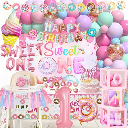 Vista 5 de Decoraciones de primer cumpleaños para niña, decoración de primer cumpleaños con telón de fondo, cajas de globos, mantel, decoración de pastel