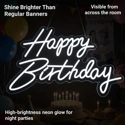 Vista 5 de Letrero de neón con texto en inglés "Happy Birthday", letras LED acrílicas de 19.6 x 11.8 pulgadas, letras iluminadas, letreros LED de neón