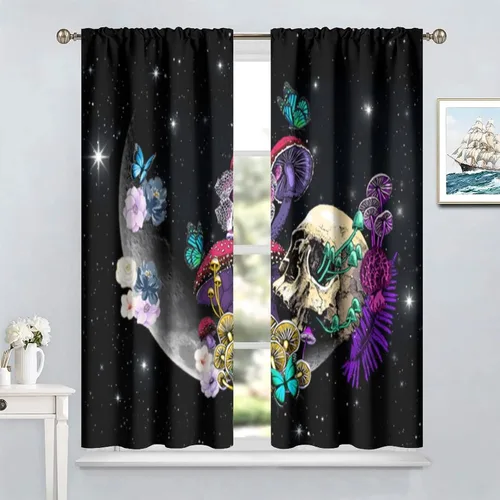 Vista 90 de Cortinas góticas de bosque de cuervos, para Halloween, espeluznante, negro, cuervo negro, alas oscuras, suspenso, bolsillo para barra, cortinas