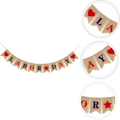 Vista 8 de Bandera del Día del Trabajo, adornos de arpillera, decoración del hogar, decoración de fiesta de trabajo, pancarta del 4 de julio, pancarta