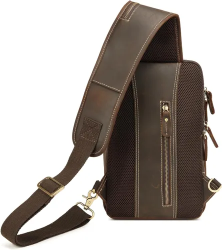 Vista 6 de Lieseh Bolso bandolera vintage de cuero genuino para hombre, bandolera para hombro, pecho, mochila de viaje al aire libre, Café, Vintage