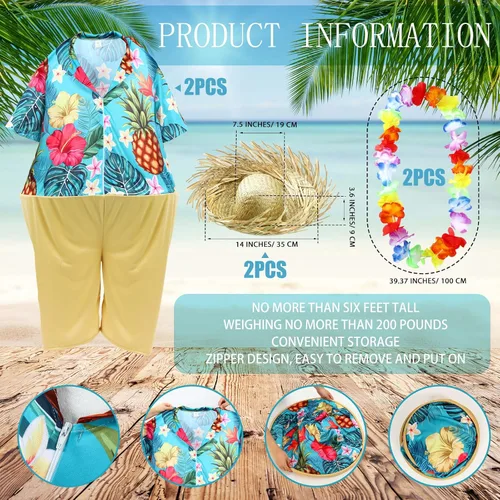 Vista 2 de Toulite 6 piezas de disfraz de turista para adultos, disfraz de viajero pegajoso, disfraces de parejas, sombrero de paja, guirnalda hawaiana