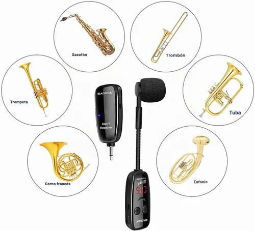 Vista 4 de Micrófono inalámbrico para saxofón, micrófonos UHF para saxofón, micrófono con clip de carga y pantalla digital, para trompeta, tuba, trombón Negro1
