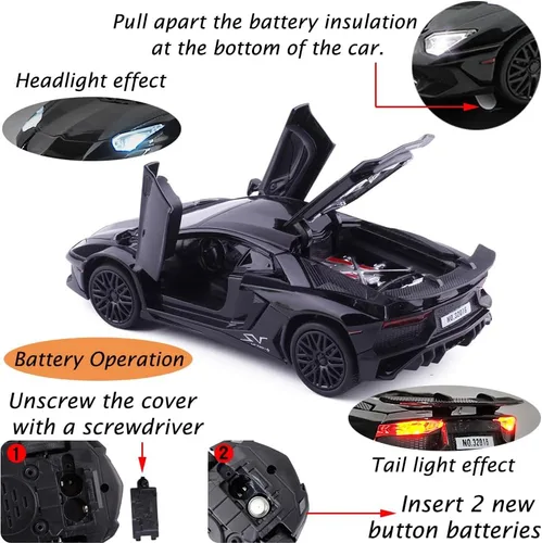 Vista 3 de iLooboo Vehículo de juguete coleccionable de aleación Aventador negro con luces y sonido