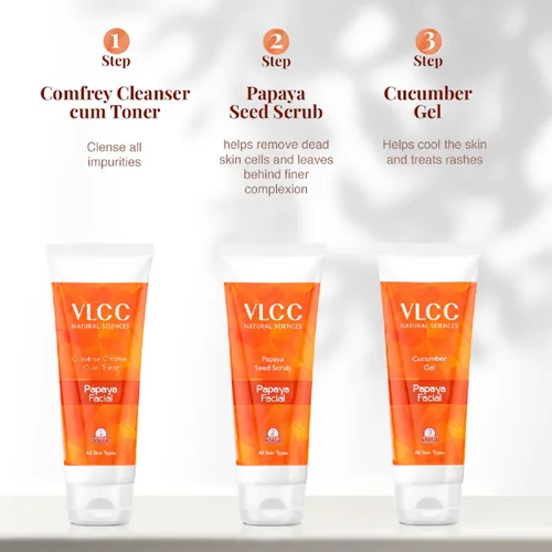 Vista 5 de VLCC Kit facial de fruta de papaya – Multiuso Facial como salón en solo 6 pasos Incluye limpiador, exfoliante, crema, paquete facial, geles