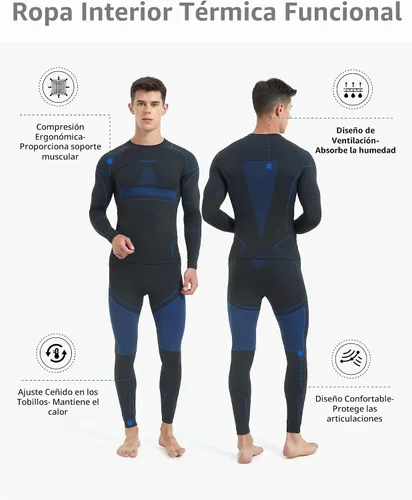 Vista 2 de NOOYME Ropa Interior Térmica Long Johns para Hombre - Capa Base de Ropa Interior Larga para Clima Frío Negro-Azul