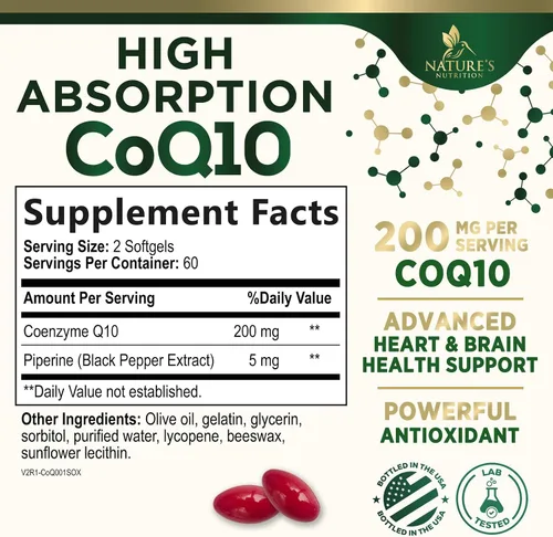 Vista 2 de Cápsulas blandas CoQ10 - Coenzima Q10 200 mg por porción - Suplemento de coenzima Q10 extra fuerte - Piperina para una absorción mejorada