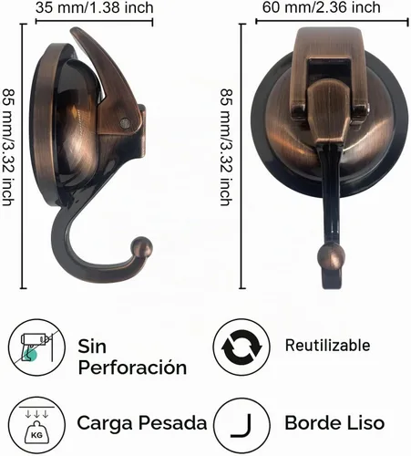 Vista 4 de Ganchos de ducha de succión al vacío resistentes, ventosa de vidrio, para decoración de bata de baño y guirnalda (paquete de 2, latón antiguo)
