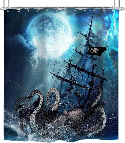 Vista 2 de Cortina de ducha de playa de pulpo para niños, 60 pulgadas de ancho x 72 pulgadas de alto, juego de cortina de baño náutica Kraken anime barco
