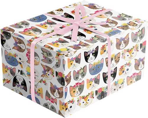 Vista 4 de Colors of Rainbow Papel de Regalo de Hoja Plana con Lindos Gatitos Usando Coronas de Flores con un Toque Floral (Gato Gatito)