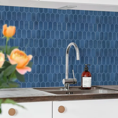 Vista 7 de Azulejos de despegar y pegar para cocina, diseño más grueso 3D autoadhesivo hexagonal largo para pared, azulejos para salpicadero, azul 10 hojas