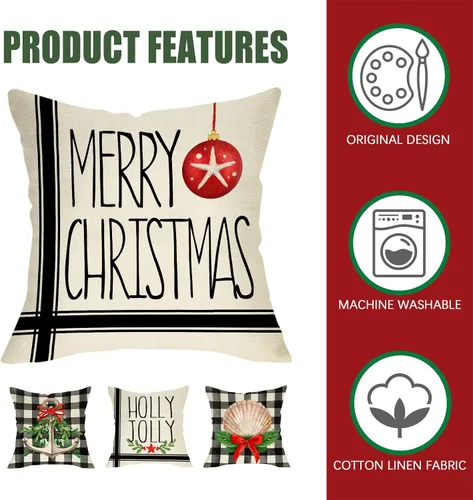 Vista 4 de Fahrendom Juego de 4 fundas de almohada decorativas náuticas de Feliz Navidad, 18 x 18 pulgadas, funda de almohada con ancla de Navidad costera