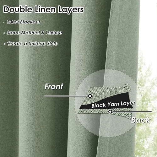 Vista 3 de Melodieux Cortinas opacas de lino verde de 84 pulgadas de largo para dormitorio, sala de estar, arpillera rústica, aislamiento térmico, cortinas