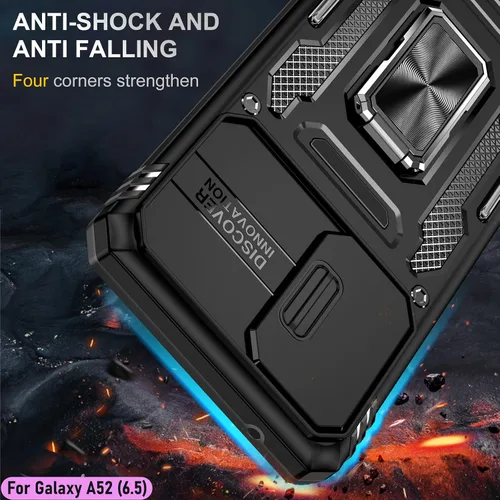 Vista 7 de Funda resistente para Samsung Galaxy A52 (5G), protector de parachoques de goma de doble capa de grado militar con protector de cámara deslizante