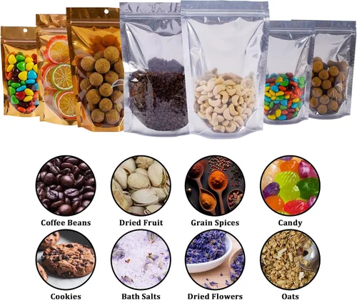 Vista 5 de Paquete de 100 bolsas de Mylar para almacenamiento de alimentos, papel de aluminio resellable, bolsa transparente de pie con ventana frontal de 3.94
