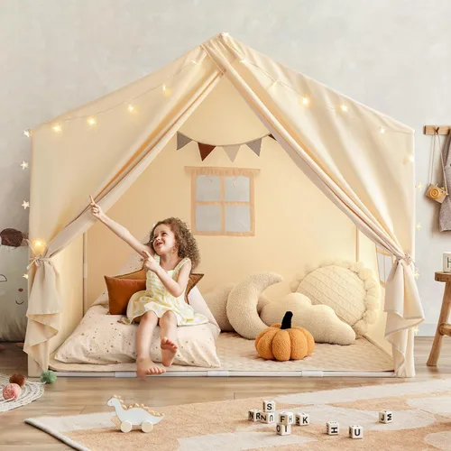 Vista 7 de Razee - Tienda de campaña para niños con alfombrilla acolchada, tienda de campaña para interiores para niños pequeños Large Kids Tent Indoor Beige