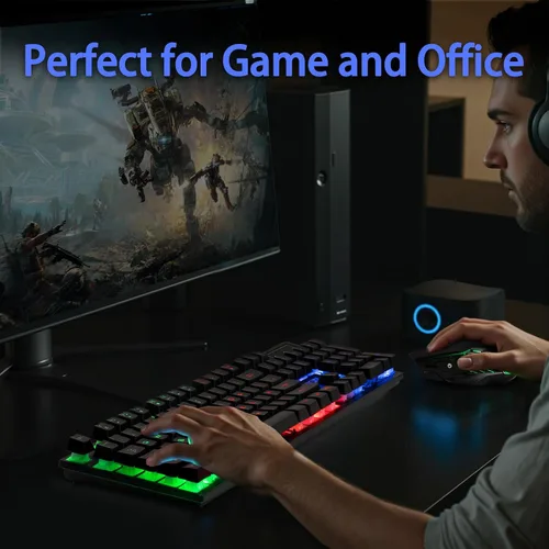 Vista 7 de CHONCHOW Combo de Teclado y Ratón Inalámbrico - 2.4G Recargable USB Arcoíris LED Retroiluminado Teclado Inalámbrico para Juegos, Teclas Multimedia
