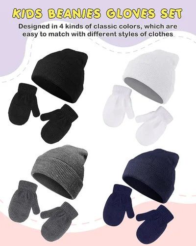 Vista 4 de Juego de 4 gorros de invierno para niños con guantes de punto, gorro suave para niños y niñas