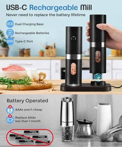 Vista 9 de Juego de molinillo eléctrico de sal y pimienta, nuevo molinillo recargable de sal y pimienta con 4 * baterías recargables, base de carga, luz
