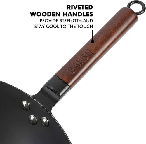 Vista 4 de Babish Wok de fondo plano de acero al carbono, sartén de 14 pulgadas y triple capa de acero inoxidable de grado profesional con tapa, 5 cuartos