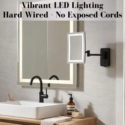 Vista 3 de JERDON Espejo de maquillaje rectangular para montaje en pared con aumento 5X, espejo de maquillaje de alambre directo con luces LED, negro mate