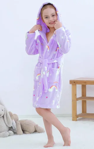 Vista 4 de Umeyda Girls Fleece Hooded Robes, Warm Printed Bath Robe for Kids Soft Fuzzy Bathrobe for Gifts, 1-12 Years