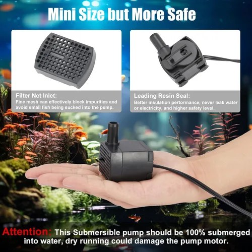 Vista 4 de Mini bomba sumergible de 90 GPH, bomba de fuente pequeña (5 W 350 L/H), bomba de agua de acuario ultra silenciosa para pecera, fuente de mesa