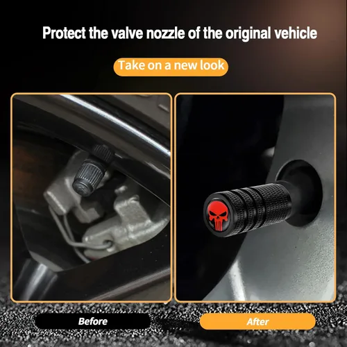 Vista 4 de Ajxn Paquete de 4 tapones de válvula de neumático de calavera, tapa universal para válvula de aire de neumático de automóvil, tapas de válvula