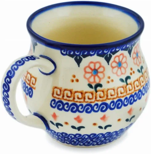 Vista 3 de Auténtica taza de burbujas de cerámica polaca de 13 onzas en diseño amarillo hecho a mano en Bolesławiec Polonia por Ceramika Bona + certificado