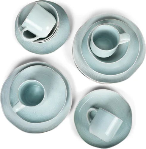 Vista 3 de Elanze Designs Reactive Glaze Farmhouse - Juego de vajilla rústica de cerámica bohemia de cerámica de 16 piezas, servicio para 4, color azul hielo