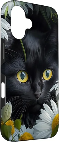Vista 3 de iPhone 16 Black Cat with Daisies – Enchanting Floral Design Case