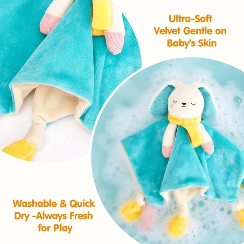 Vista 6 de hahaland Manta de seguridad Baby Lovey, juguete sensorial colgante de felpa con mordedor, sonajero y arruga para bebés de 0 a 3 a 6 a 12 meses