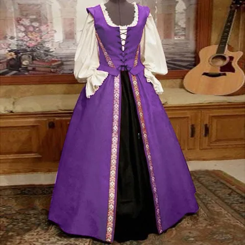 Vista 2 de Vestido medieval para mujer, talla grande, disfraz de Halloween, vintage, renacentista, vestido gótico de manga larga, vestido de festival