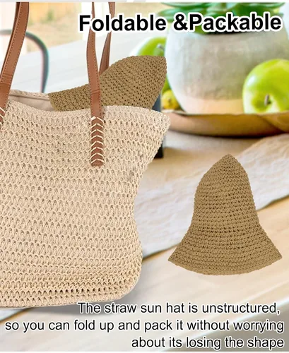 Vista 7 de Sombrero de sol para mujer, hecho a mano, cubo de paja de ganchillo para verano, plegable, gorra de viaje Caqui